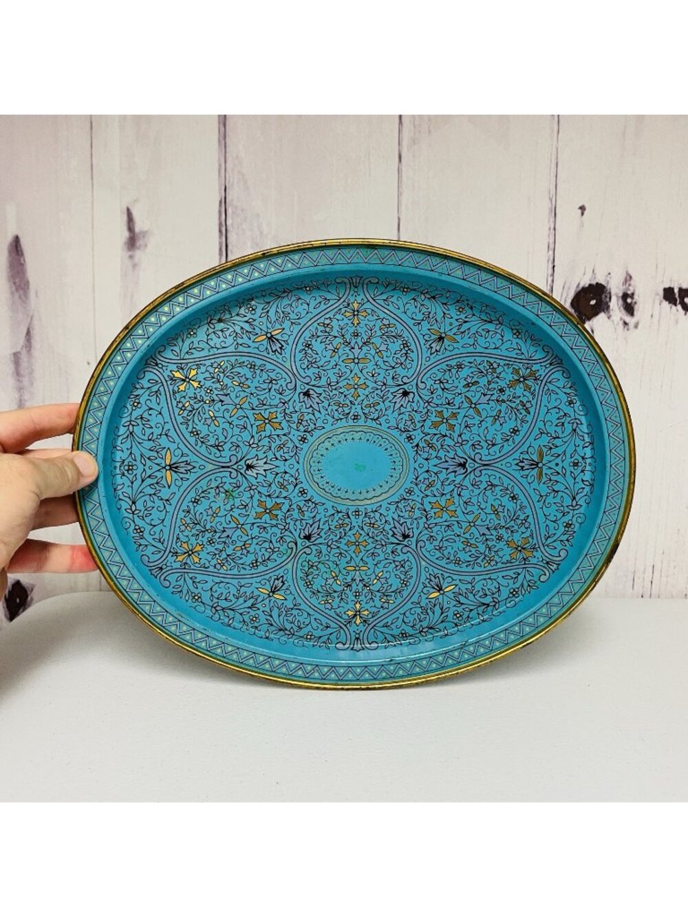 Vintage Blue Gold Metal Floral Serving Trays MCM Mid Century  Oval 14.5"